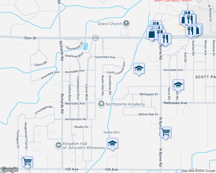 map of restaurants, bars, coffee shops, grocery stores, and more near 801 Southbriar Road in Toledo