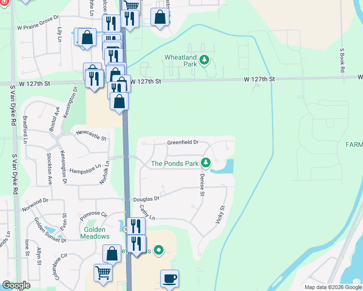 map of restaurants, bars, coffee shops, grocery stores, and more near 23861 Greenfield Drive in Plainfield