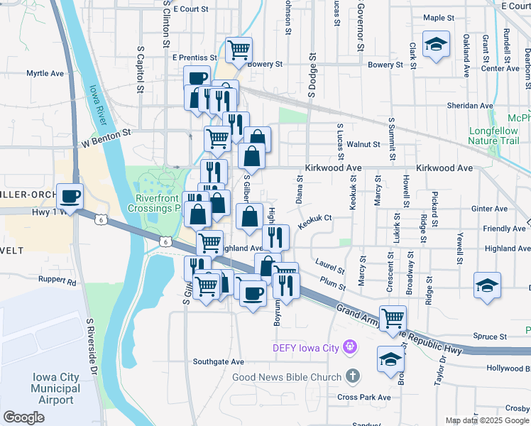 map of restaurants, bars, coffee shops, grocery stores, and more near 1207 Highland Court in Iowa City