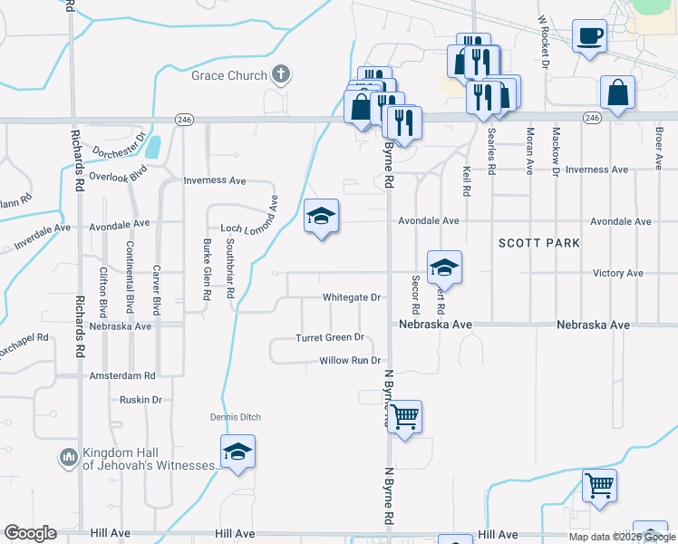 map of restaurants, bars, coffee shops, grocery stores, and more near 3648 Victory Avenue in Toledo