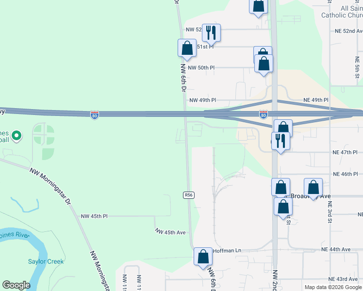 map of restaurants, bars, coffee shops, grocery stores, and more near 4780 Northwest 6th Drive in Des Moines