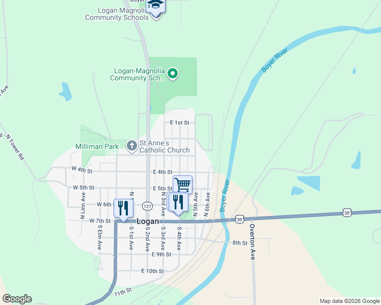 map of restaurants, bars, coffee shops, grocery stores, and more near 417 East 3rd Street in Logan