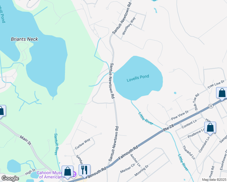 map of restaurants, bars, coffee shops, grocery stores, and more near 1350 Santuit-Newtown Road in Barnstable