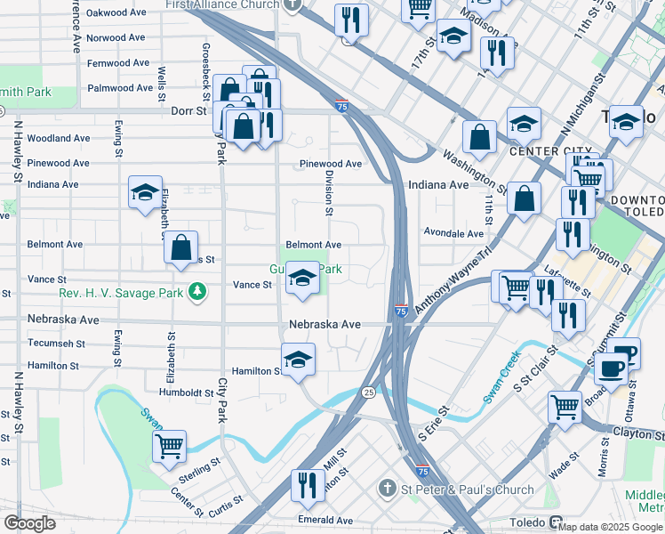 map of restaurants, bars, coffee shops, grocery stores, and more near 214 Division Street in Toledo