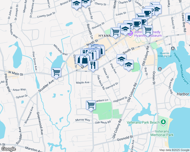 map of restaurants, bars, coffee shops, grocery stores, and more near in Barnstable