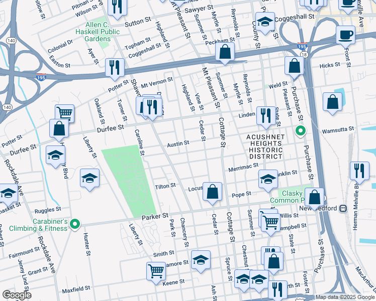 map of restaurants, bars, coffee shops, grocery stores, and more near 65-67 Willow Street in New Bedford
