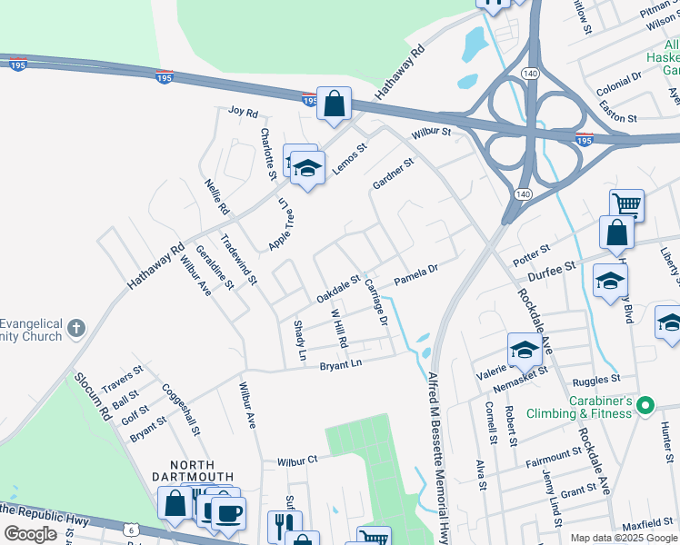 map of restaurants, bars, coffee shops, grocery stores, and more near 177-179 Oakdale Street in New Bedford