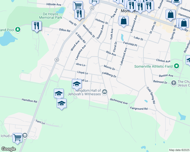 map of restaurants, bars, coffee shops, grocery stores, and more near 1 Burton Avenue in Monticello