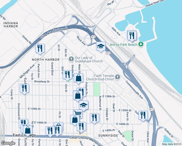 map of restaurants, bars, coffee shops, grocery stores, and more near 3583 Guthrie Street in East Chicago