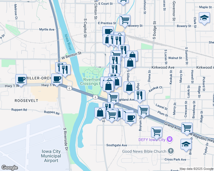 map of restaurants, bars, coffee shops, grocery stores, and more near 1141 South Gilbert Street in Iowa City