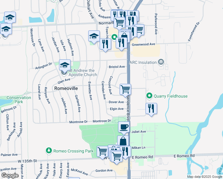 map of restaurants, bars, coffee shops, grocery stores, and more near 28 Concord Avenue in Romeoville