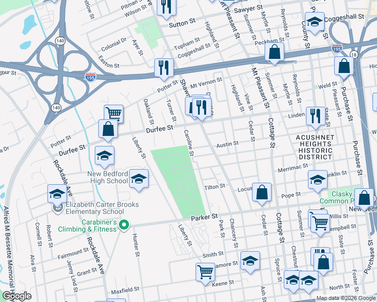 map of restaurants, bars, coffee shops, grocery stores, and more near 155 Caroline Street in New Bedford