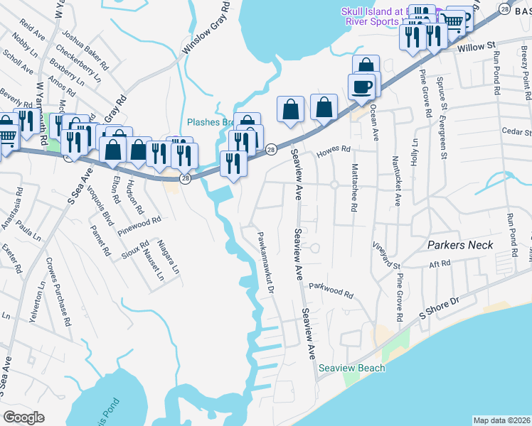 map of restaurants, bars, coffee shops, grocery stores, and more near 11 Squanto Road in Yarmouth
