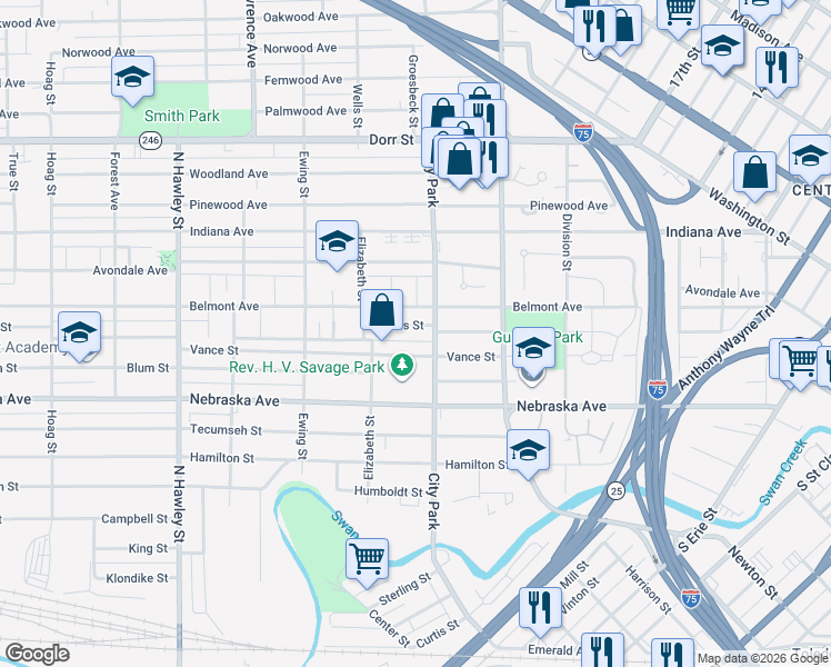 map of restaurants, bars, coffee shops, grocery stores, and more near 611 Lucas Street in Toledo
