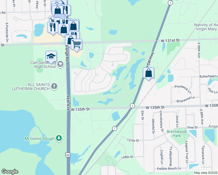 map of restaurants, bars, coffee shops, grocery stores, and more near 9329 Dunmurry Drive in Orland Park