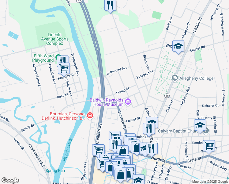 map of restaurants, bars, coffee shops, grocery stores, and more near 153 Spring Street in Meadville