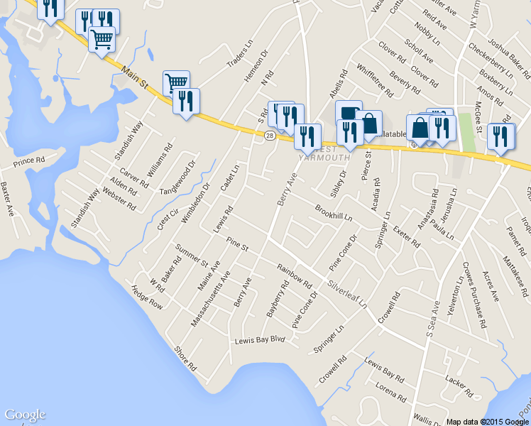 map of restaurants, bars, coffee shops, grocery stores, and more near 67 Berry Avenue in West Yarmouth