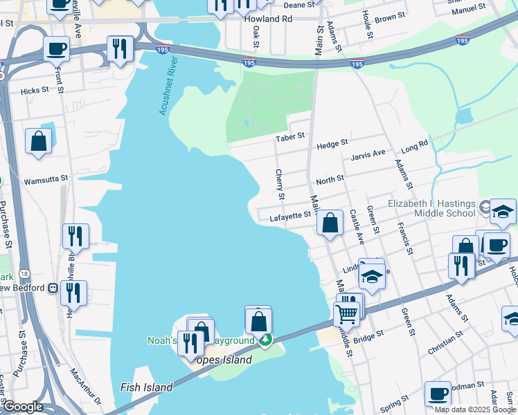 map of restaurants, bars, coffee shops, grocery stores, and more near 6 Oxford Street in Fairhaven