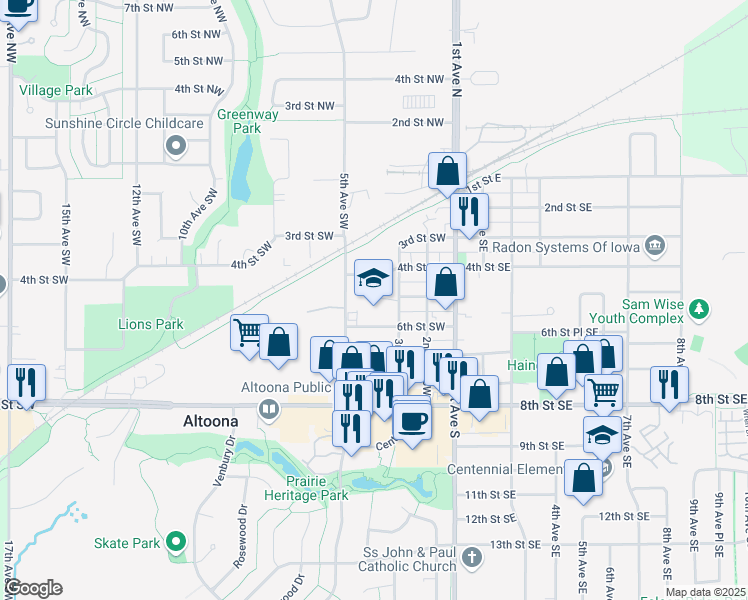 map of restaurants, bars, coffee shops, grocery stores, and more near 301 6th Street Southwest in Altoona