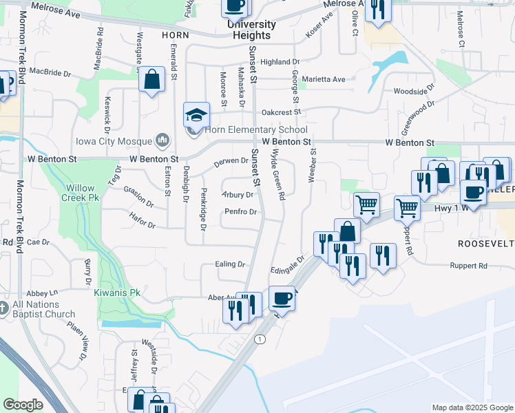 map of restaurants, bars, coffee shops, grocery stores, and more near 1019 Sunset Street in Iowa City