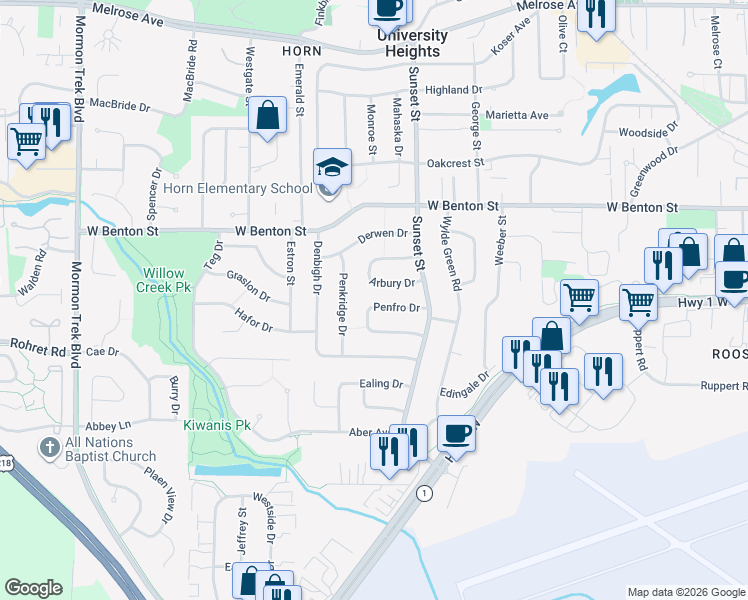 map of restaurants, bars, coffee shops, grocery stores, and more near 60 Penfro Drive in Iowa City