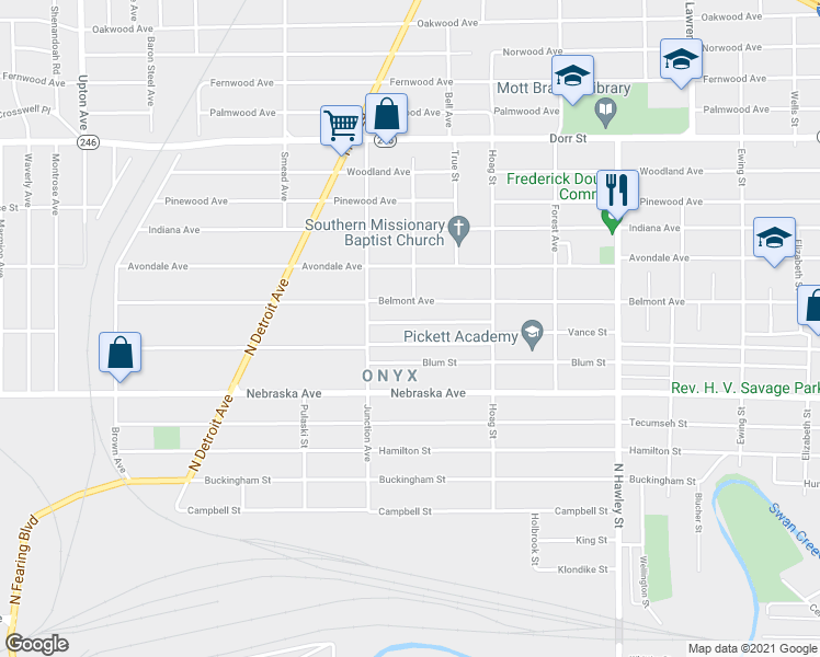 map of restaurants, bars, coffee shops, grocery stores, and more near 1301 Lucas Street in Toledo