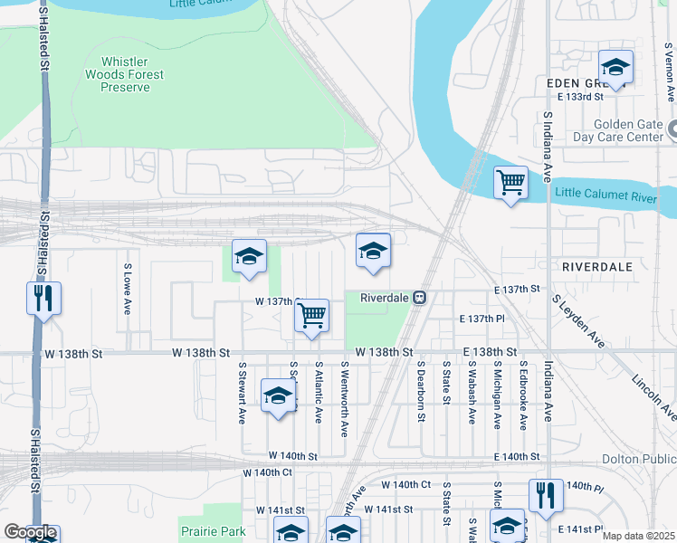 map of restaurants, bars, coffee shops, grocery stores, and more near 13606 South Wentworth Avenue in Riverdale