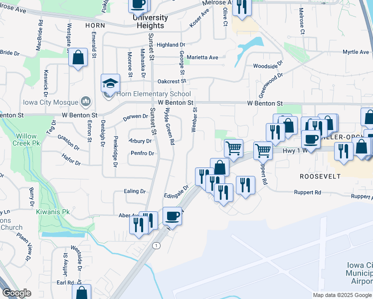 map of restaurants, bars, coffee shops, grocery stores, and more near 1009 Weeber Street in Iowa City