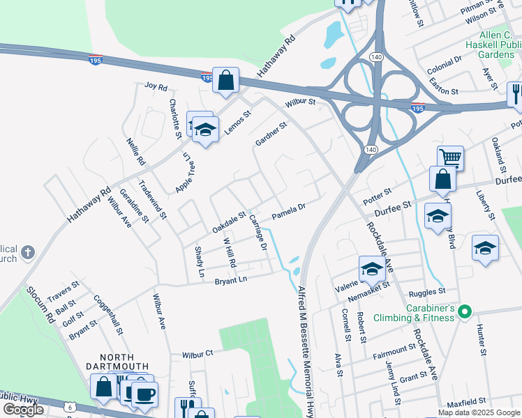 map of restaurants, bars, coffee shops, grocery stores, and more near 122 Oakdale Street in New Bedford