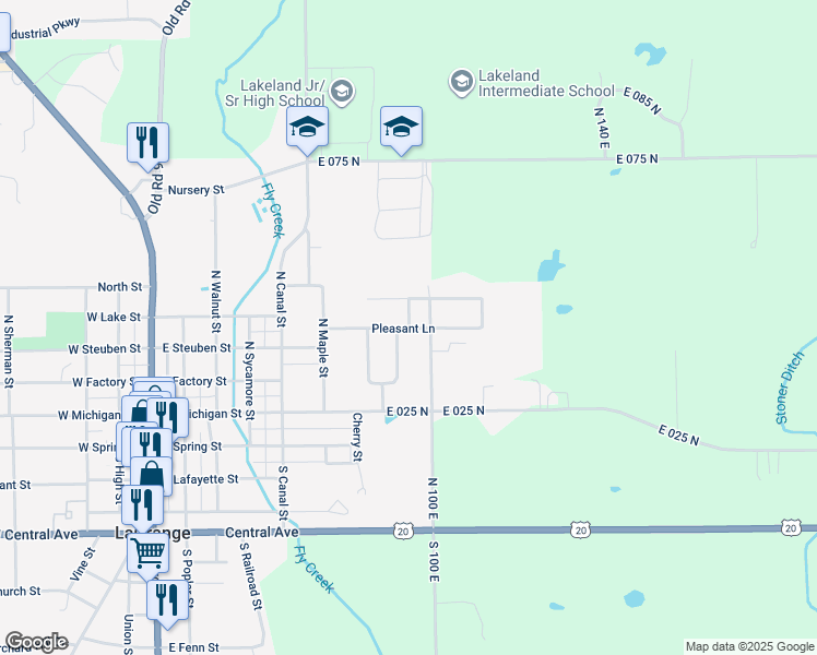 map of restaurants, bars, coffee shops, grocery stores, and more near Pleasant Lane in LaGrange