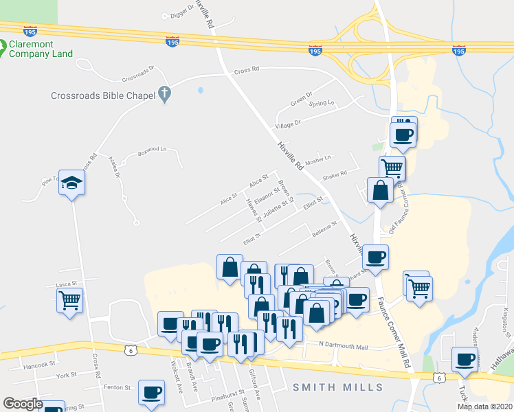 map of restaurants, bars, coffee shops, grocery stores, and more near 36 Eleanor Street in Dartmouth