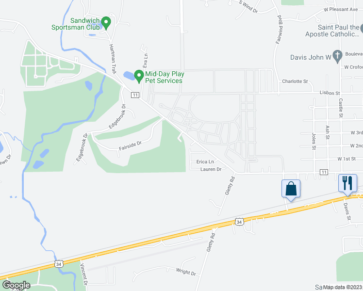 map of restaurants, bars, coffee shops, grocery stores, and more near 1404 Suydam Road in Sandwich