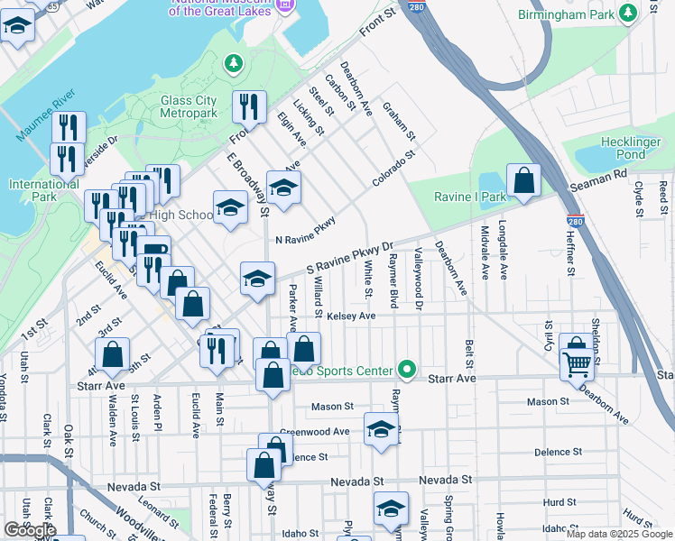 map of restaurants, bars, coffee shops, grocery stores, and more near 222 Plymouth Street in Toledo