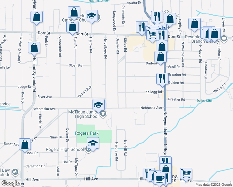 map of restaurants, bars, coffee shops, grocery stores, and more near 721 Sawyer Road in Toledo