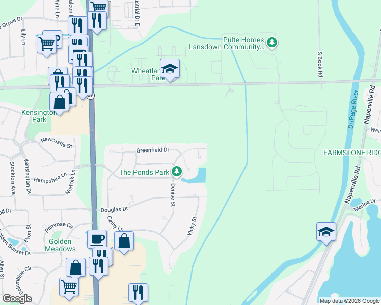 map of restaurants, bars, coffee shops, grocery stores, and more near 23655 Denise Street in Plainfield