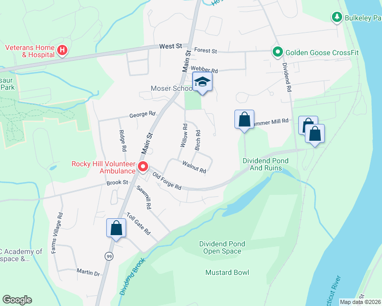 map of restaurants, bars, coffee shops, grocery stores, and more near 50 Birch Road in Rocky Hill