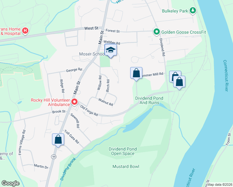 map of restaurants, bars, coffee shops, grocery stores, and more near 76 Walnut Road in Rocky Hill