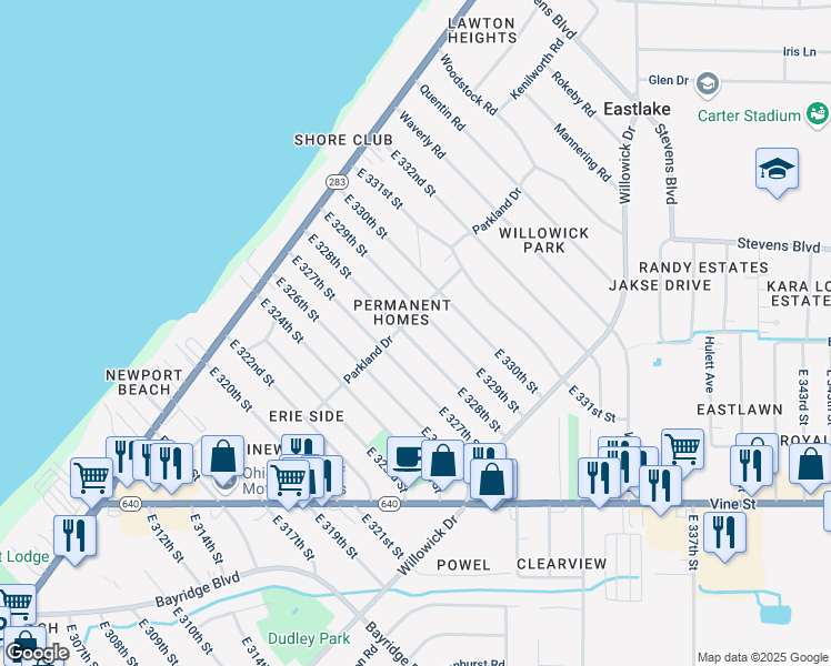 map of restaurants, bars, coffee shops, grocery stores, and more near 359 E 328th St in Willowick