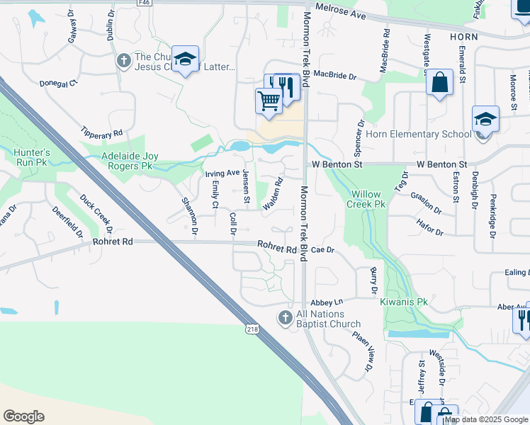 map of restaurants, bars, coffee shops, grocery stores, and more near 2529 Walden Road in Iowa City