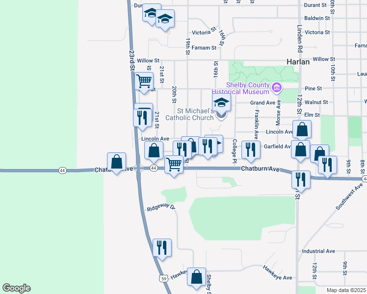 map of restaurants, bars, coffee shops, grocery stores, and more near 1904 Garfield Avenue in Harlan