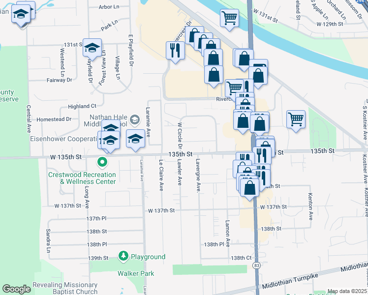 map of restaurants, bars, coffee shops, grocery stores, and more near 4960 135th St in Crestwood