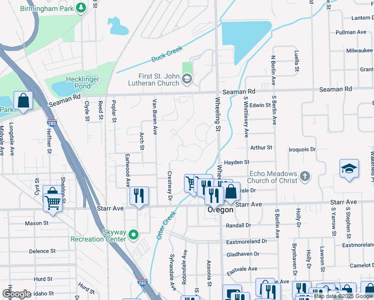 map of restaurants, bars, coffee shops, grocery stores, and more near 2401 Luther Hills Drive in Oregon