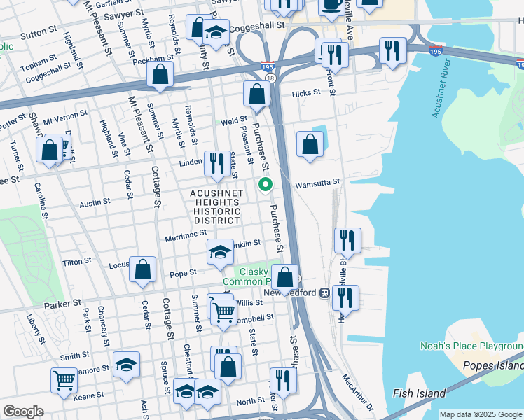 map of restaurants, bars, coffee shops, grocery stores, and more near 1272 Pleasant Street in New Bedford