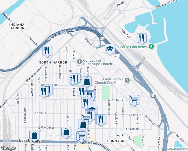 map of restaurants, bars, coffee shops, grocery stores, and more near 3608 Pulaski Street in East Chicago