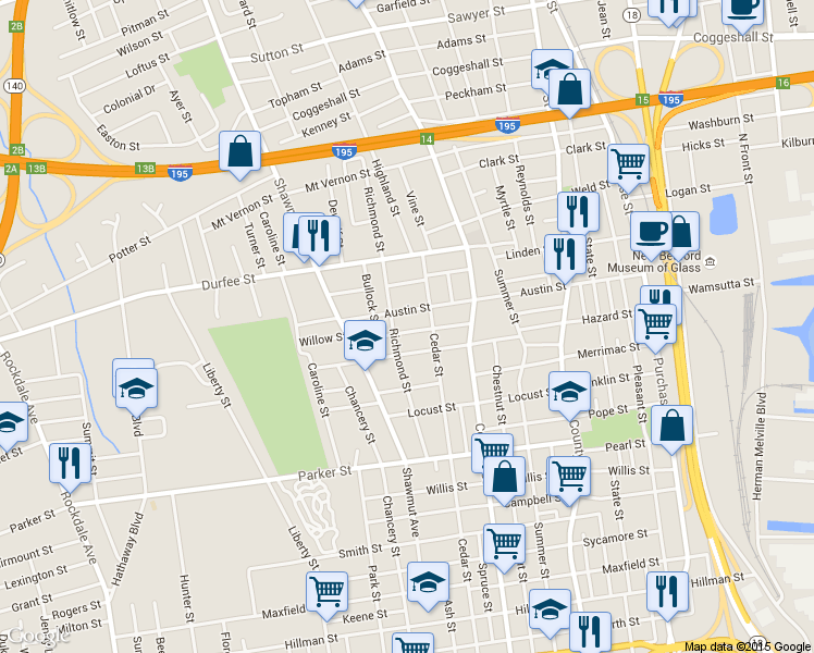 map of restaurants, bars, coffee shops, grocery stores, and more near 65-67 Willow Street in New Bedford