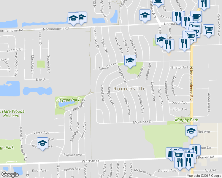 map of restaurants, bars, coffee shops, grocery stores, and more near 503 Kenyon Avenue in Romeoville