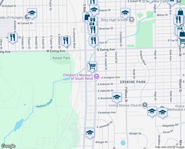 map of restaurants, bars, coffee shops, grocery stores, and more near 2609 South Michigan Street in South Bend