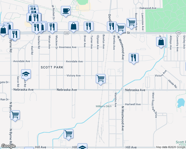 map of restaurants, bars, coffee shops, grocery stores, and more near 726 Turner Avenue in Toledo