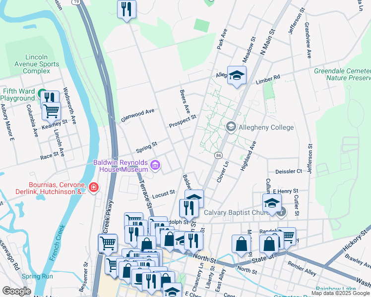 map of restaurants, bars, coffee shops, grocery stores, and more near 38364 Smith Street in Meadville