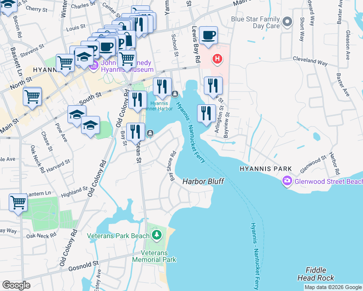 map of restaurants, bars, coffee shops, grocery stores, and more near 20 Bay Shore Road in Barnstable